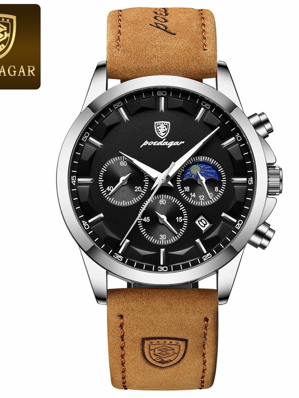Poedagar Men's Black Dial Watch with Tan Leather Strap